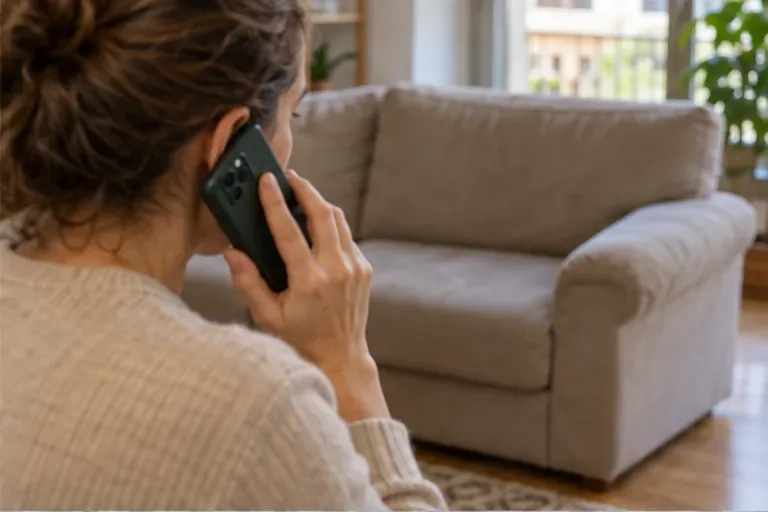Una persona telefona per organizzare il ritiro a domicilio di un divano, con il mobile visibile nella stanza