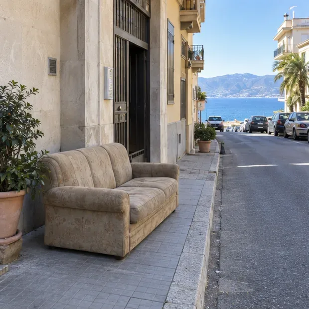 Un vecchio divano collocato a piano strada vicino all’ingresso di un edificio, con il passaggio lasciato libero
