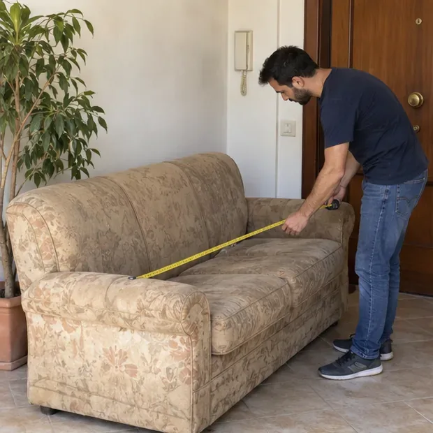 Una persona misura la larghezza di un vecchio divano in tessuto vicino all’ingresso di un’abitazione