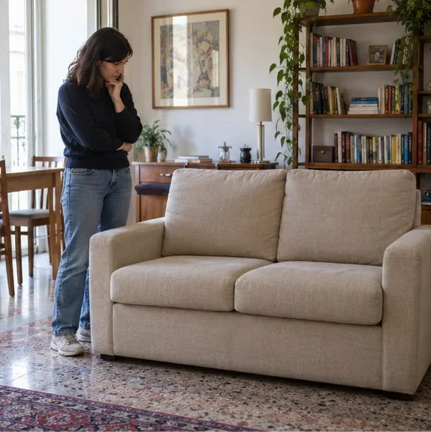 Una persona valuta un divano beige pulito e integro in un soggiorno prima di proporlo per il riuso