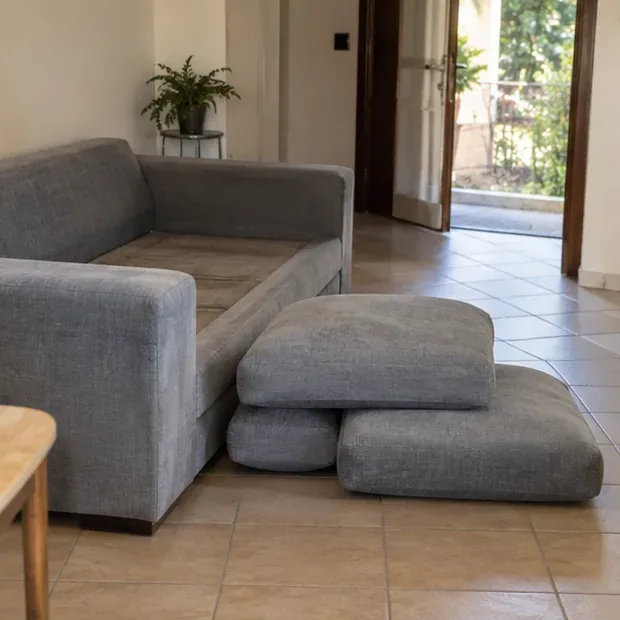 Un divano con i cuscini rimossi e accatastati ordinatamente vicino all'uscita di casa in preparazione alla movimentazione