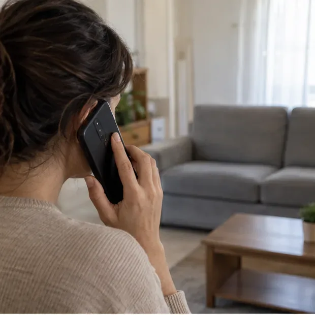 Una persona telefona accanto a un divano in soggiorno per organizzare il ritiro del mobile ingombrante