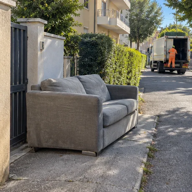 Un divano vicino al cancello di un'abitazione con un mezzo di raccolta visibile in strada poco distante