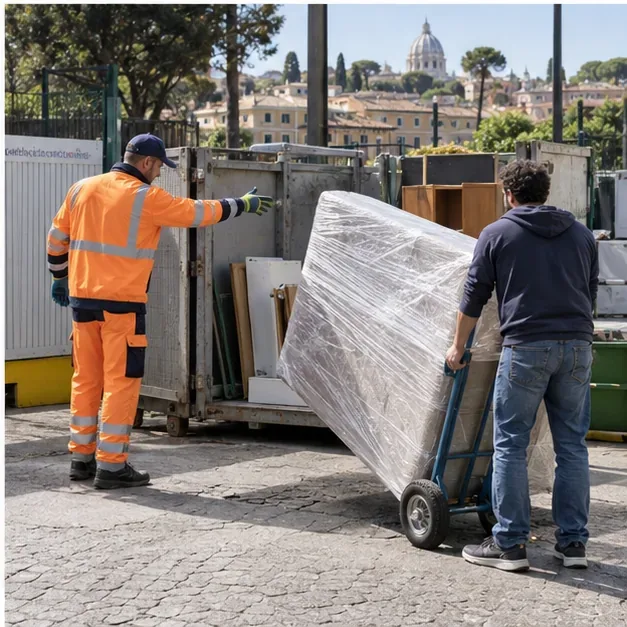 Un operatore AMA indica a un cittadino dove consegnare un divano protetto in un’area di raccolta urbana