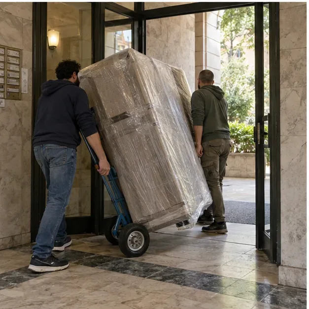 Due persone spostano un divano protetto su un carrello attraverso l’ingresso di un palazzo romano