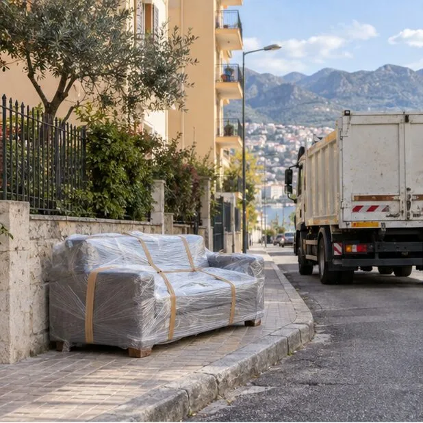 Un divano imballato è collocato ordinatamente vicino al bordo del marciapiede mentre arriva un mezzo di raccolta