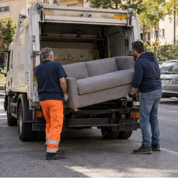 Due operatori caricano un divano su un mezzo di raccolta in una strada residenziale