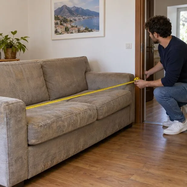 Una persona misura la larghezza di un divano vicino a una porta di appartamento