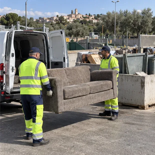 Due addetti in abbigliamento ad alta visibilità guidano lo scarico di un divano da un furgone
