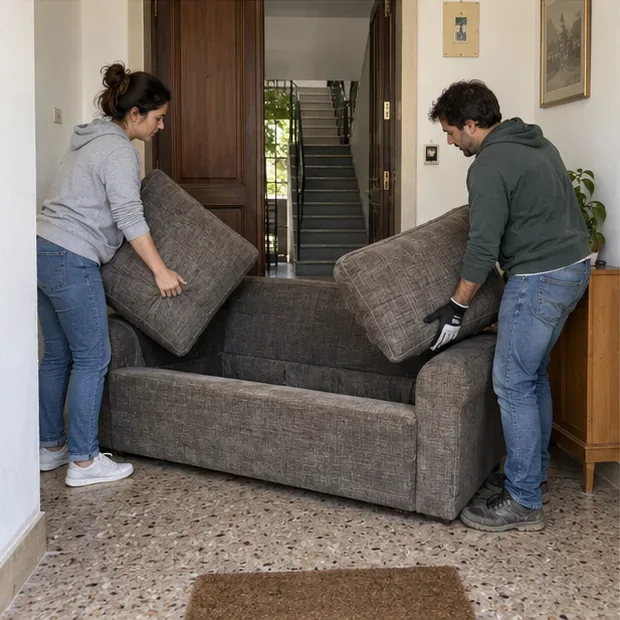 Due adulti rimuovono i cuscini e preparano un divano per attraversare una porta