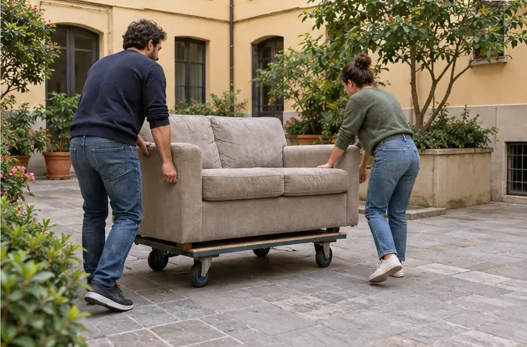 Due persone spostano con cautela un divano su un carrello in un cortile condominiale