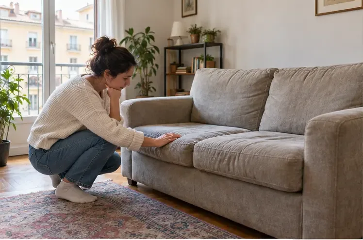 Una persona controlla un divano imbottito ancora integro in un soggiorno prima di decidere come riutilizzarlo o smaltirlo