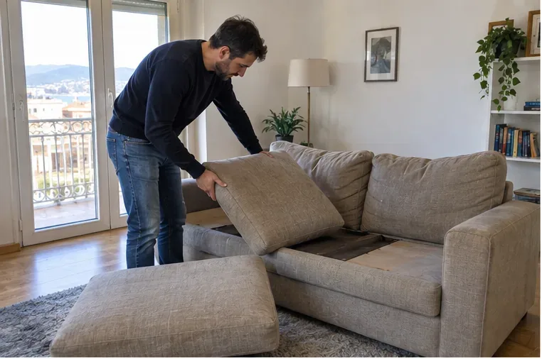 Una persona rimuove i cuscini da un divano beige prima di prepararlo per il trasporto o il ritiro come rifiuto ingombrante.