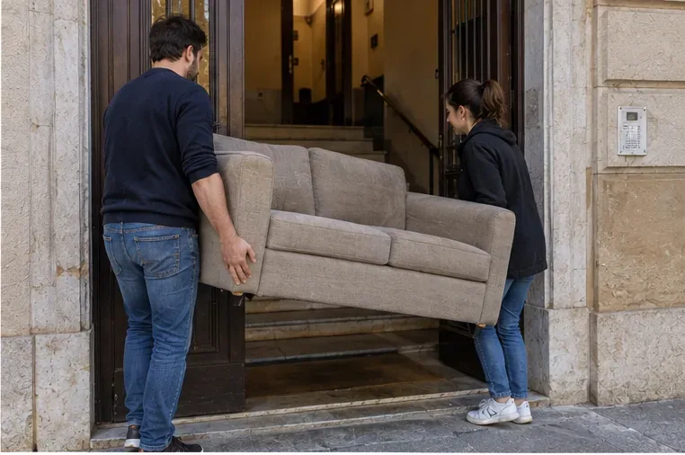 Due persone trasportano con attenzione un divano attraverso il portone di un edificio, mantenendolo sollevato da entrambi i lati.