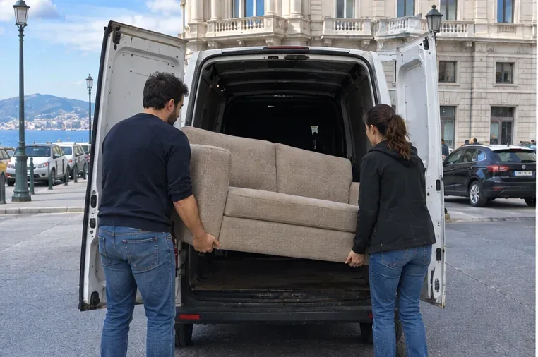 Due persone caricano un divano beige nel vano posteriore di un furgone per portarlo a un centro di raccolta.