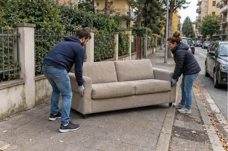 Due persone spostano un divano sul marciapiede in un punto accessibile lungo una strada residenziale