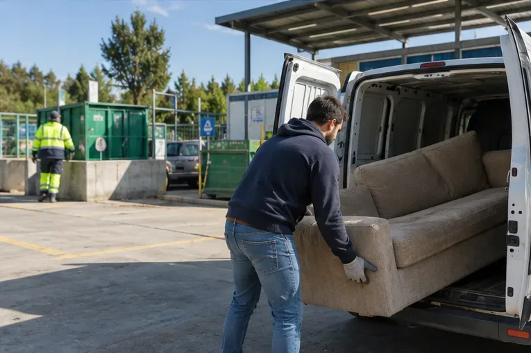 Un uomo scarica un divano da un furgone all'interno di un centro di raccolta con cassoni sullo sfondo