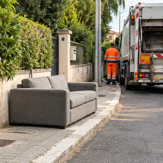 Divano grigio posizionato sul bordo del marciapiede mentre un mezzo per la raccolta dei rifiuti è presente sulla strada