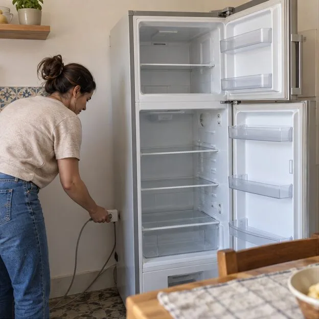 Una donna stacca la spina di un frigorifero vuoto con lo sportello aperto