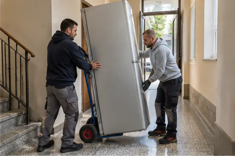 Due addetti spostano un frigorifero in posizione verticale con un carrello durante il trasporto