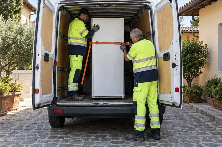 Due addetti assicurano con una cinghia un frigorifero verticale all’interno di un furgone aperto.