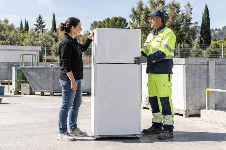Una residente e un addetto in abiti da lavoro sono accanto a un frigorifero integro nell’area di un centro di raccolta.