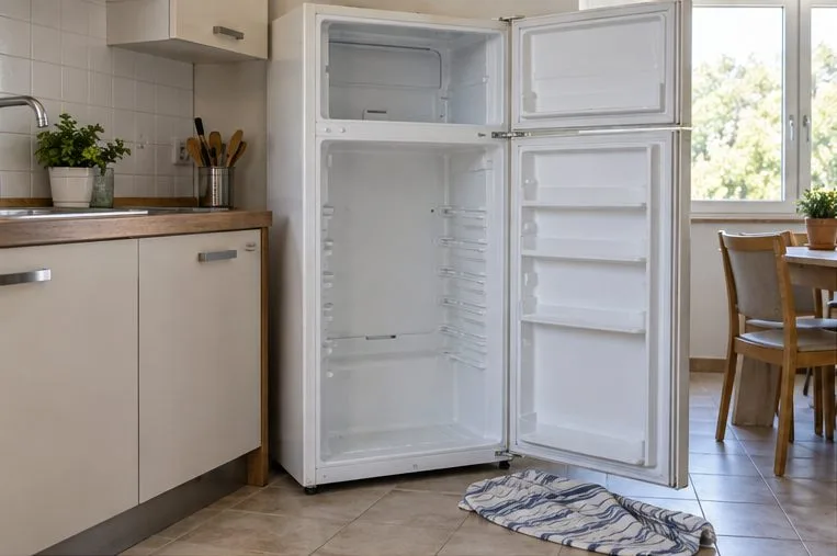 Frigorifero domestico aperto e scollegato, con interno vuoto e asciutto e un panno appoggiato davanti.