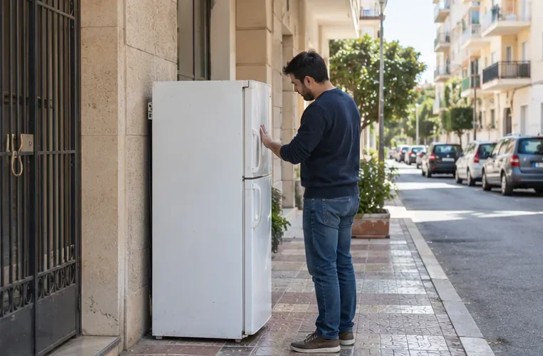 Un frigorifero preparato vicino all’ingresso di un edificio per un ritiro già concordato
