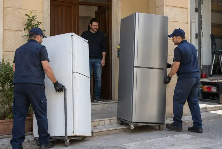 Due addetti ritirano un vecchio frigorifero mentre consegnano un apparecchio nuovo a domicilio