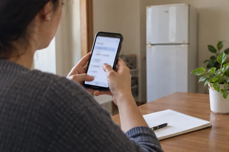 Una persona usa lo smartphone davanti a un frigorifero per organizzare il ritiro del RAEE