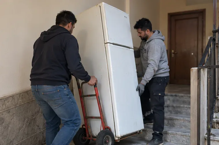 Due persone spostano un frigorifero in posizione verticale con un carrello lungo una scala