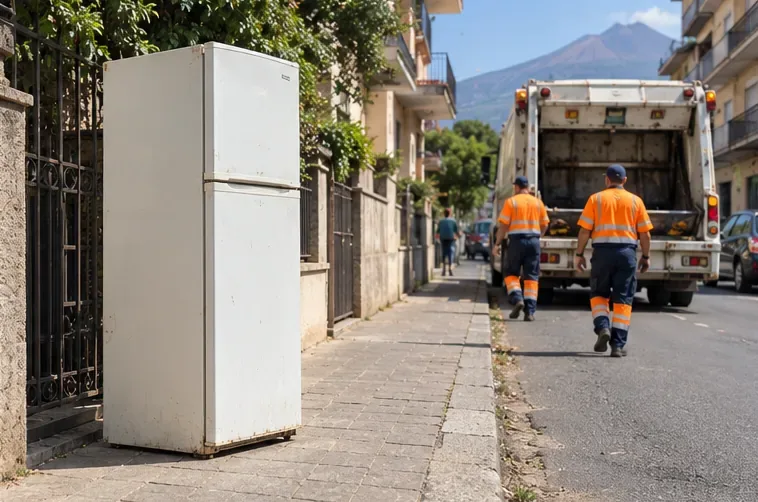 Un vecchio frigorifero in attesa di raccolta vicino a una strada mentre gli operatori del servizio rifiuti si avvicinano