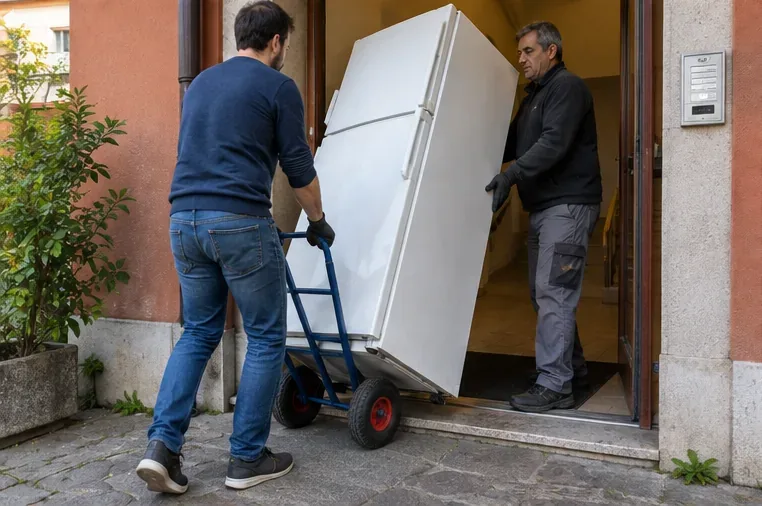 Due persone spostano un frigorifero con un carrello a due ruote attraverso una porta di casa