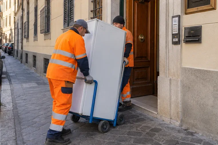 Due addetti movimentano un frigorifero con un carrello all'ingresso di un edificio