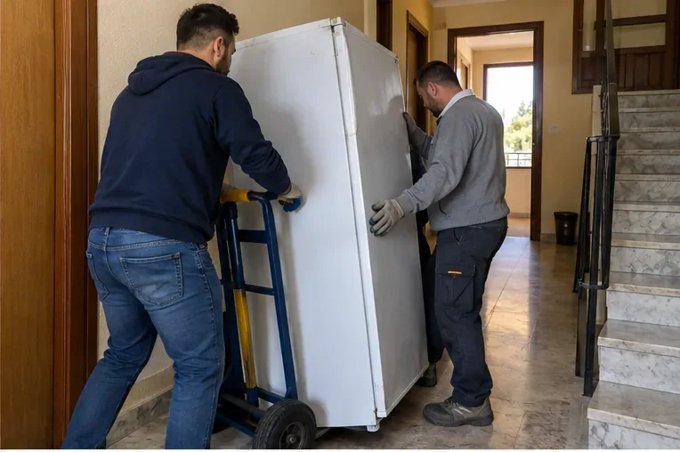 Due persone spostano un frigorifero con un carrello in un corridoio