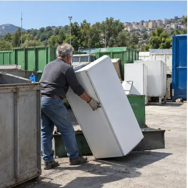 Una persona scarica un frigorifero bianco in un centro comunale con contenitori separati