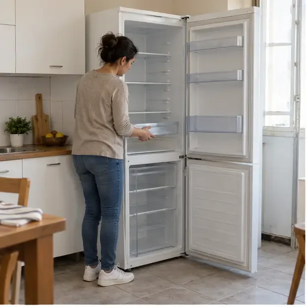 Una persona svuota un frigorifero bianco aperto in cucina prima del conferimento