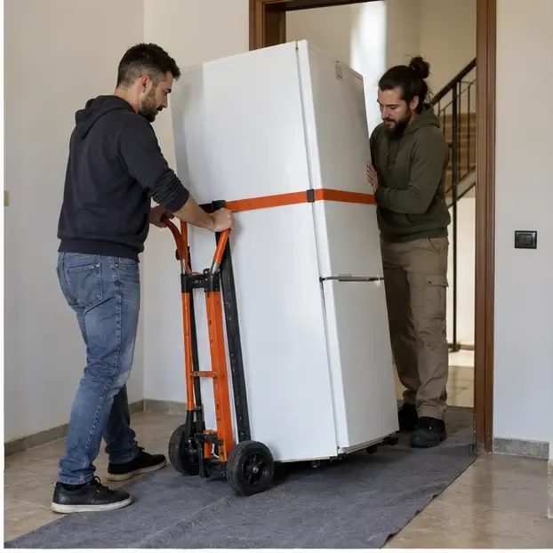 Due persone spostano un frigorifero bianco su un carrello con una cinghia di sicurezza in casa