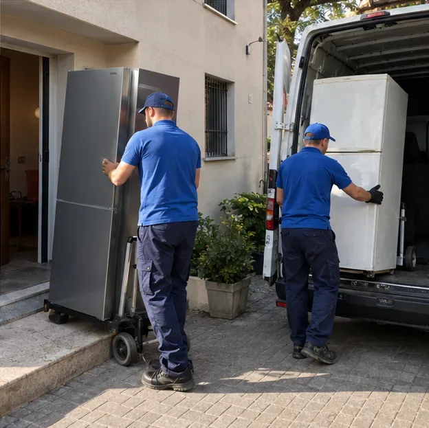 Addetti alla consegna portano un frigorifero nuovo verso casa mentre caricano quello vecchio su un furgone