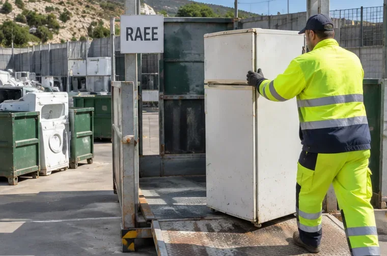 Operatore in abbigliamento ad alta visibilità accompagna un frigorifero nell'area RAEE di un centro di raccolta