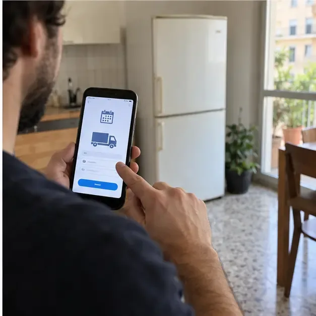 Persona che usa uno smartphone per prenotare il ritiro di un frigorifero