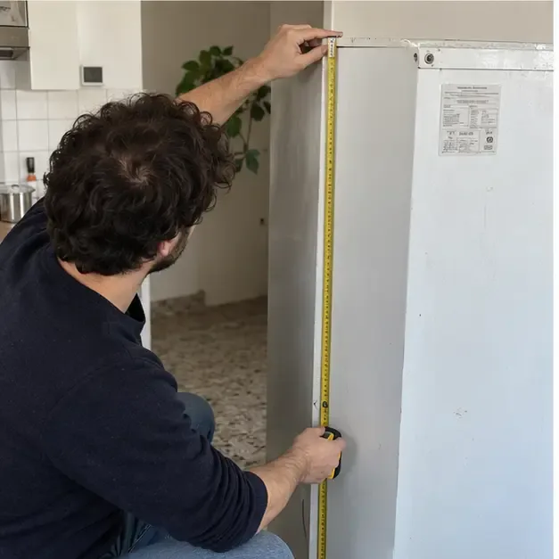 Persona che misura l’altezza di un frigorifero con un metro a nastro