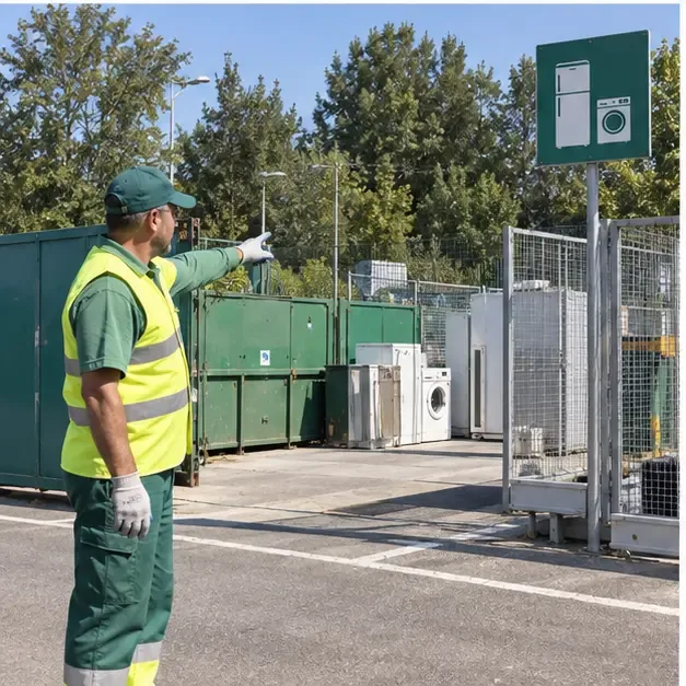 Addetto in area di raccolta che indica la zona per i grandi elettrodomestici RAEE