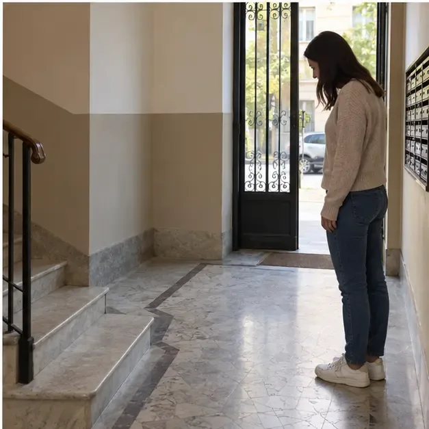 Persona che controlla l’ingresso del condominio dopo la rimozione del vecchio frigorifero