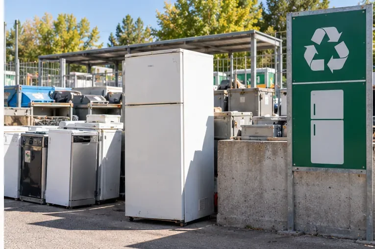 Un frigorifero e altri elettrodomestici sono collocati nell’area dedicata ai RAEE di una stazione ecologica