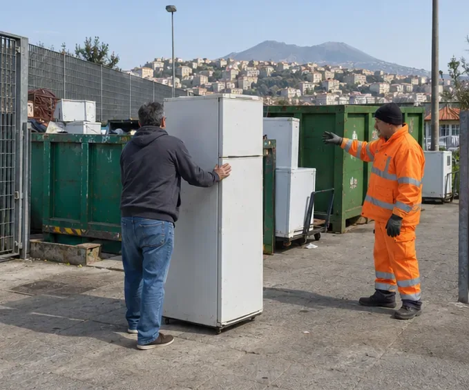 Frigorifero consegnato in un'area di raccolta attrezzata con contenitori e altri grandi elettrodomestici.