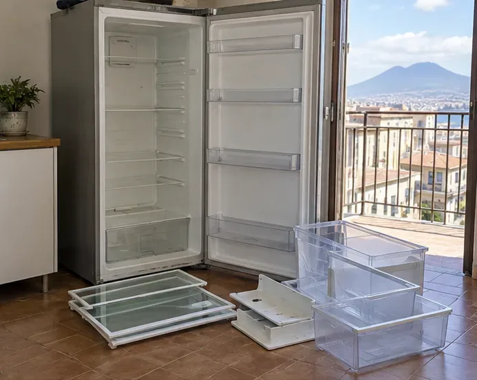 Frigorifero aperto e vuoto, con ripiani e cassetti rimossi e appoggiati sul pavimento.