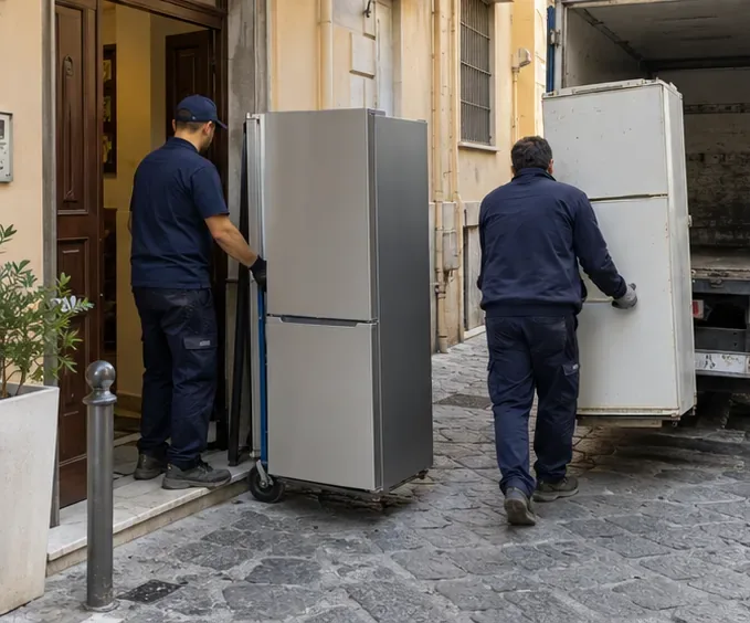 Un frigorifero nuovo viene portato verso un'abitazione mentre quello vecchio viene caricato su un automezzo.