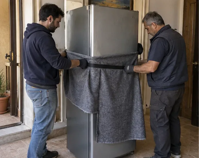 Due persone proteggono un frigorifero con una coperta da trasloco e una cinghia.