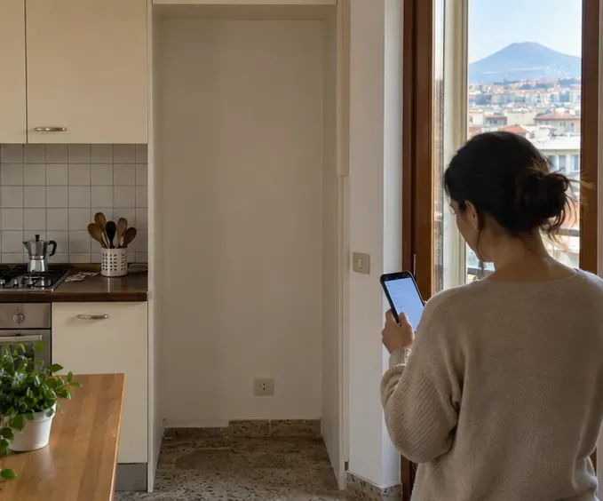 Spazio della cucina lasciato libero dal vecchio frigorifero mentre una persona controlla il telefono.